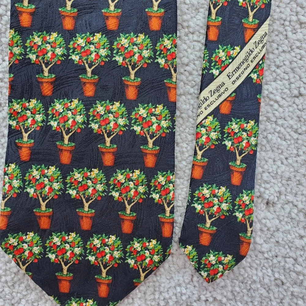 Ermenegildo Zegna Silk Necktie Mens One Size Multicolor Fruit Tree Print Novelty